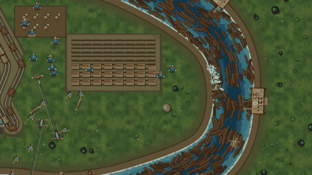 Animated clip: logs drifting round a river bend past the wood yard